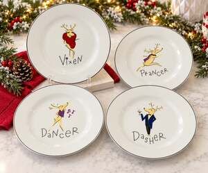 Pottery Barn Reindeer Christmas 8.5in Plates Set 4 Dasher Dancer Prancer Vixen